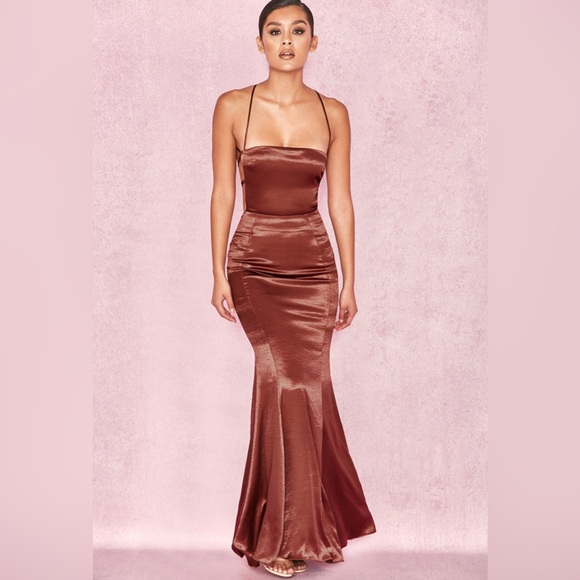 HOUSE OF CB 'Nura' Bronze Satin Maxi Dress with Tie Up Back